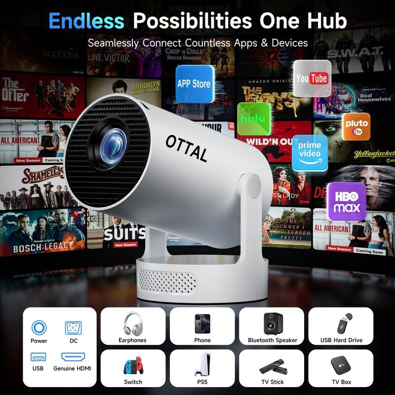 اوٹل HY300 Ultra، مشغل عرض مصغر 4K مع تطبيقات مدمجة، مشغلات عرض ذكية محمولة مزودة بوظائف واي فاي 6 وبلوتوث 5.4، مكبر صوت أساسي 5 واط، 160 ANSI، تعديل شبه منحرف تلقائي، متوافق مع HDMI/USB/TV Stick/الهاتف/الكمبيوتر المحمول - Image 3