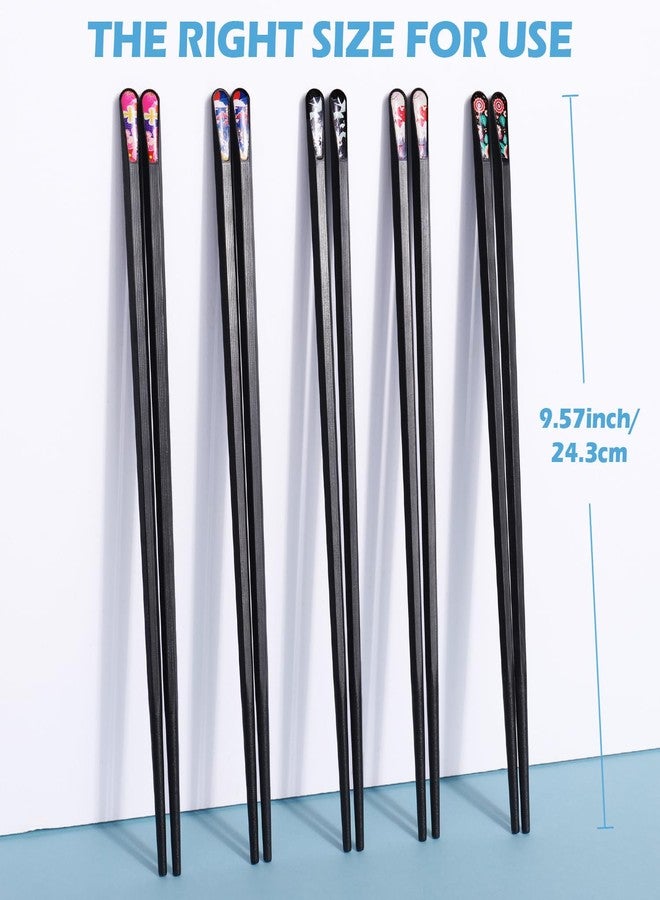 GLAMFIELDS 5 Pairs Premium Chopsticks Reusable Dishwasher Safe 9.5 Inch Fiberglass Chop Sticks Gift Set Hexagon Black Non Slip with the Printed Tops - Image 2