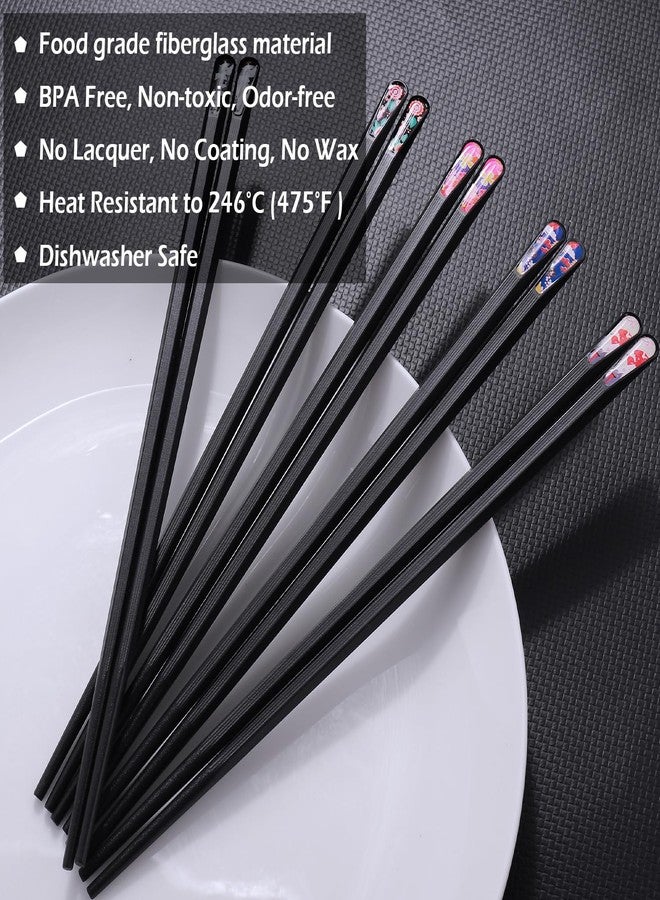 GLAMFIELDS 5 Pairs Premium Chopsticks Reusable Dishwasher Safe 9.5 Inch Fiberglass Chop Sticks Gift Set Hexagon Black Non Slip with the Printed Tops - Image 3
