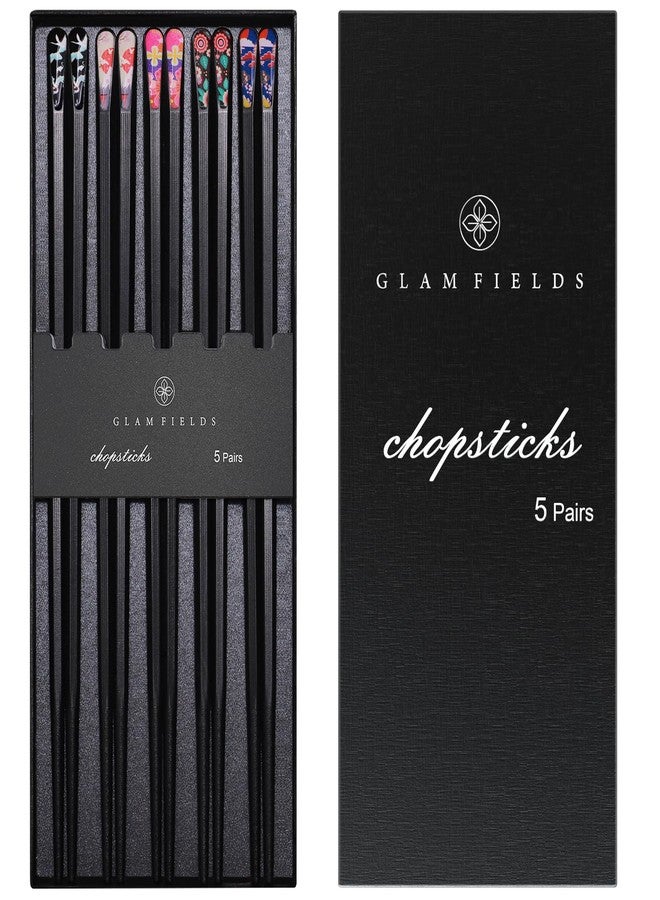 GLAMFIELDS 5 Pairs Premium Chopsticks Reusable Dishwasher Safe 9.5 Inch Fiberglass Chop Sticks Gift Set Hexagon Black Non Slip with the Printed Tops - Image 1