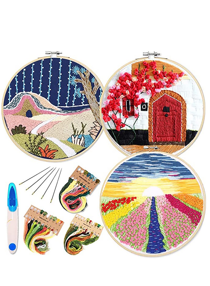 Excefore Embroidery Starter Kit with Pattern and Instructions 3 Sets Cross Stitch Kit Include Embroidery Clothes with Plants Flowers Pattern 1 Embroidery Hoops Color Threads and Tools - Image 1