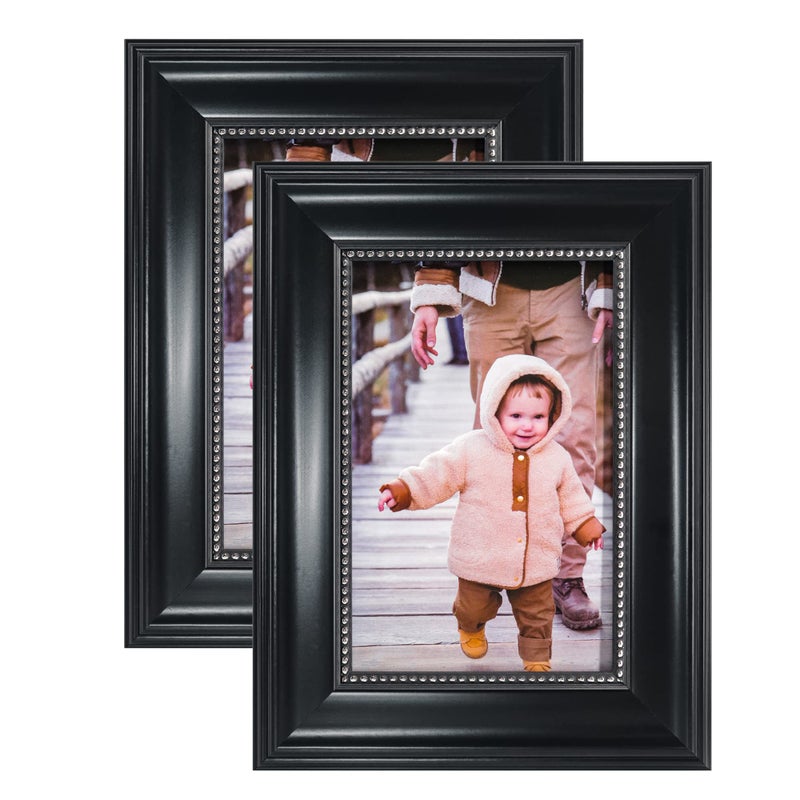 GraduationMall 4x6 إطارات الصور صور زجاجية حقيقية للجدار أو الطاولة الأسود مع حبات الفضة 2 حزمة