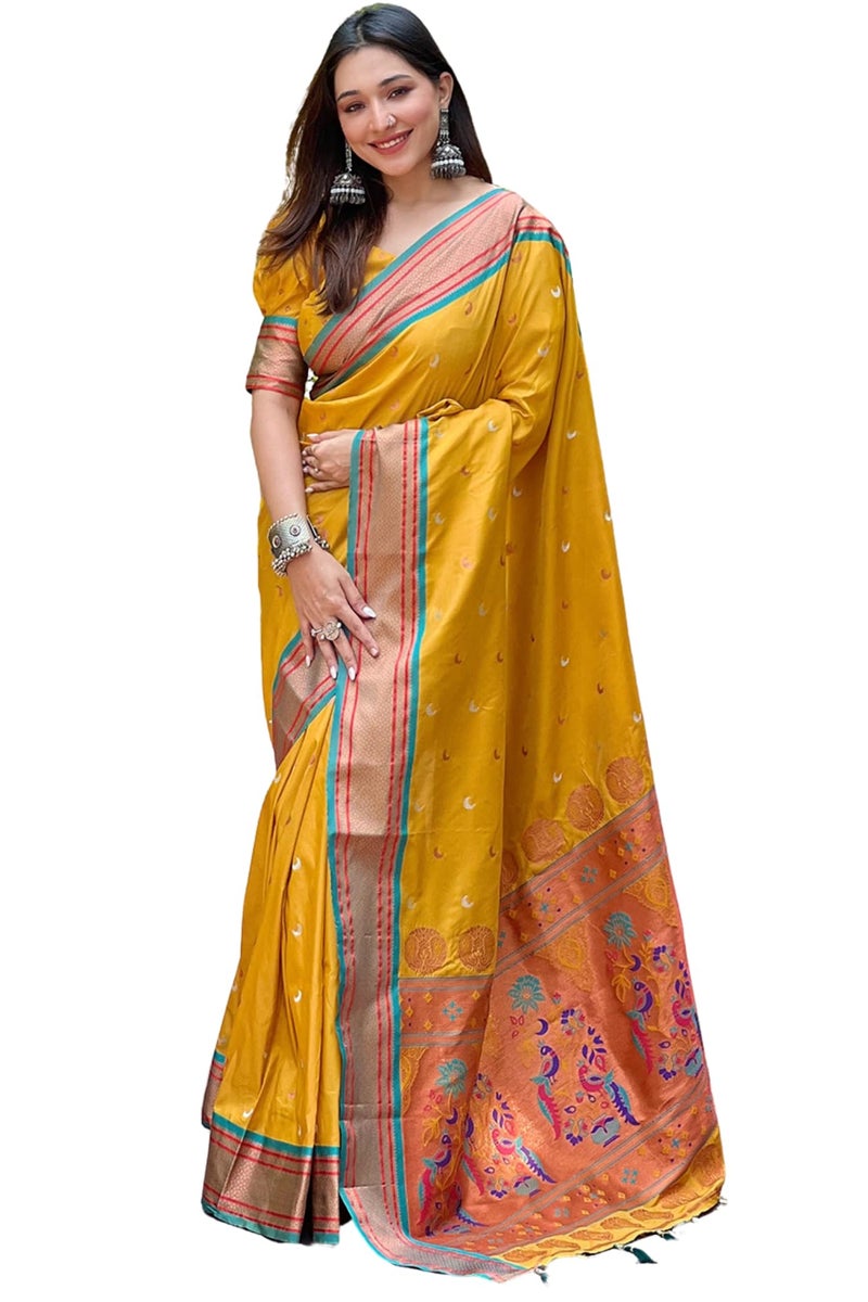 SGF11 Women's Kanjivaram Paithani Soft Silk Saree With Unstitched Blouse Piece (Yellow) - Image 1