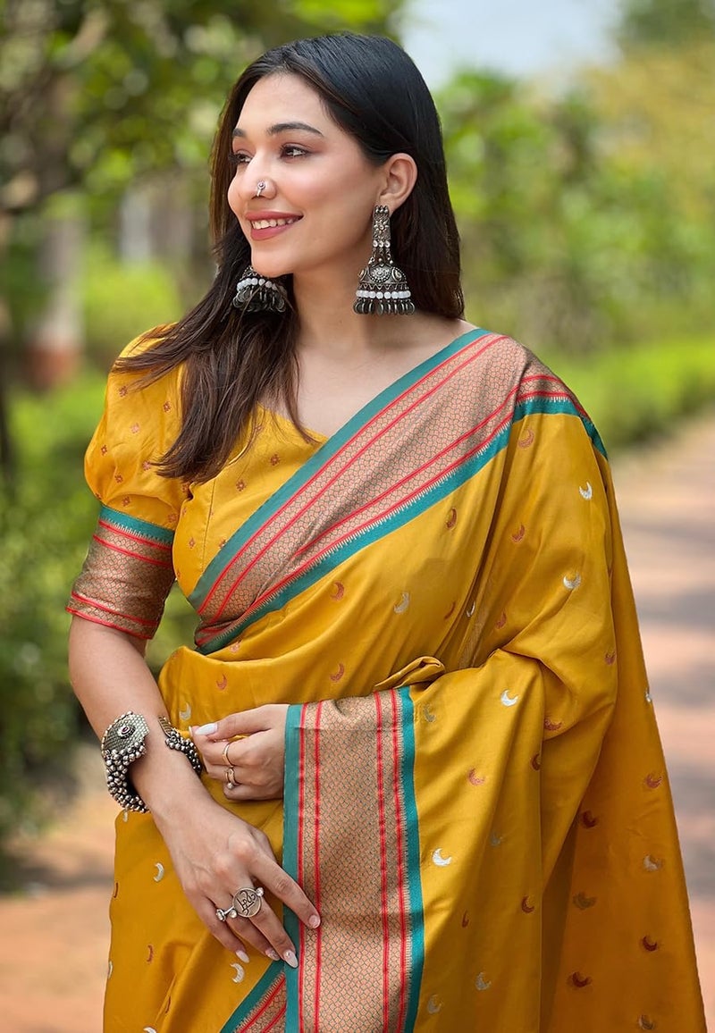 SGF11 Women's Kanjivaram Paithani Soft Silk Saree With Unstitched Blouse Piece (Yellow) - Image 3
