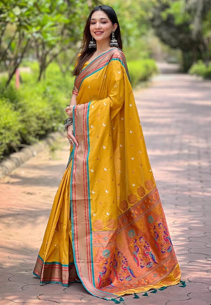 SGF11 Women's Kanjivaram Paithani Soft Silk Saree With Unstitched Blouse Piece (Yellow) - Image 4
