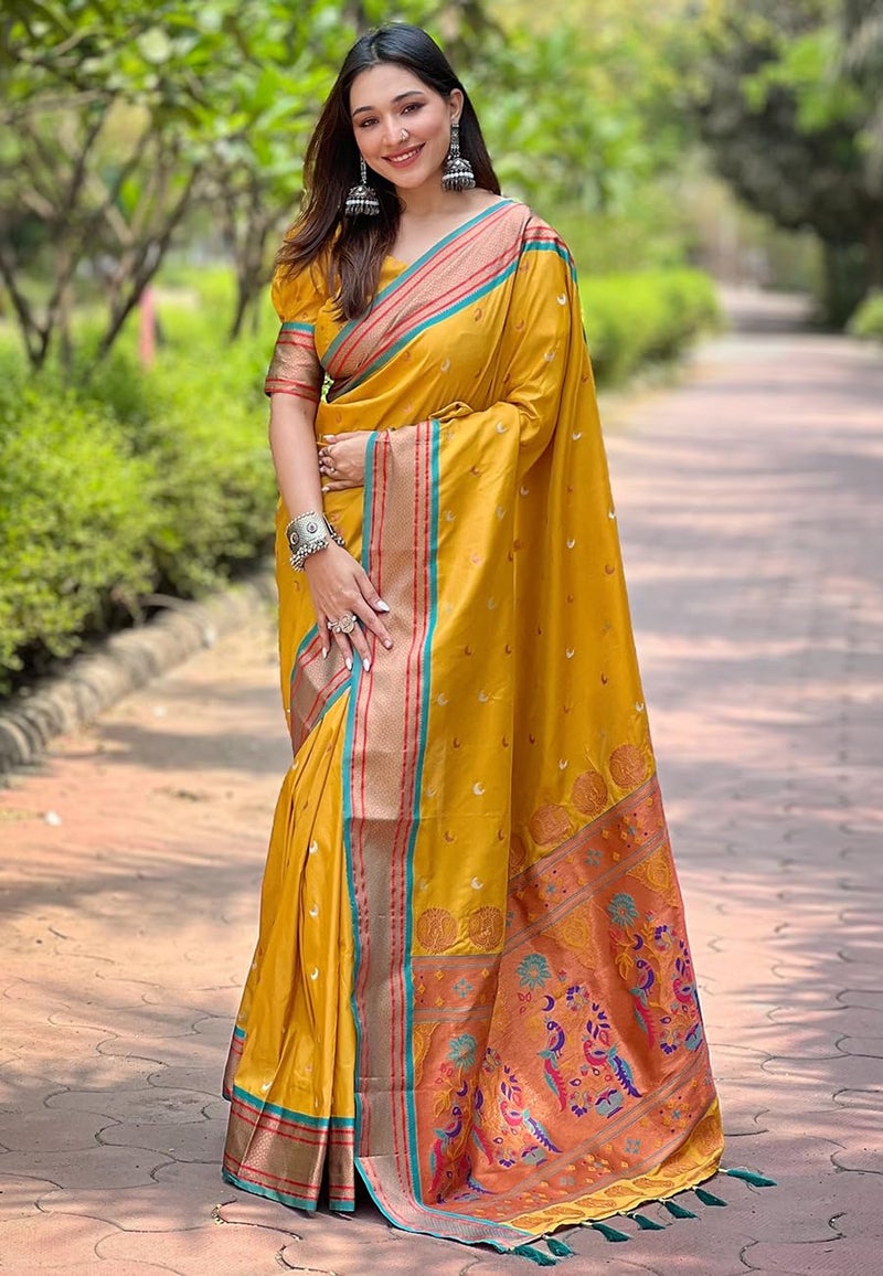 SGF11 Women's Kanjivaram Paithani Soft Silk Saree With Unstitched Blouse Piece (Yellow) - Image 2