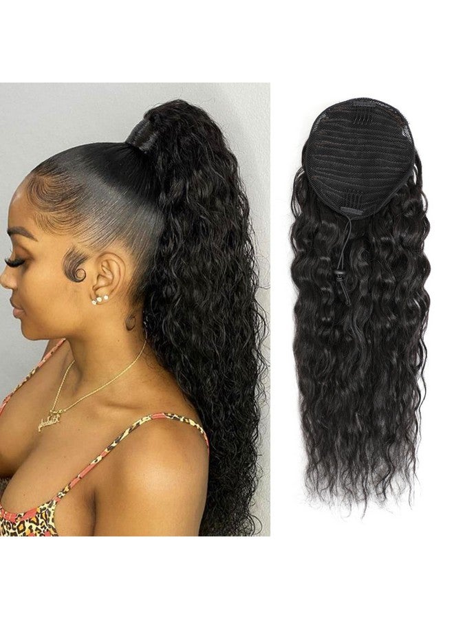 Adette 100% Human Hair Drawstring Ponytail Extension Water Wave In Natural Color 1B Corn Wave Ponytail Clip In Extensions For Black Women (14 Inch) - Image 1