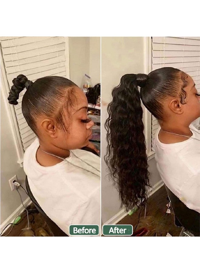 Adette 100% Human Hair Drawstring Ponytail Extension Water Wave In Natural Color 1B Corn Wave Ponytail Clip In Extensions For Black Women (14 Inch) - Image 2