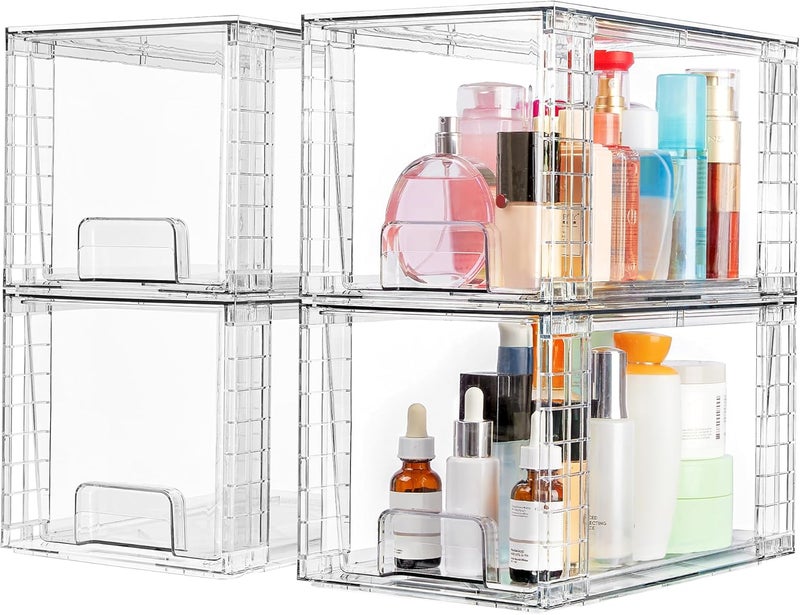 Vtopmart 4 Pack Stackable Storage Drawers,Clear Acrylic Drawer Organizers with Handles, Easily Assemble for Bathroom,Kitchen Undersink,Cabinet,Closet,Makeup,Pantry organization and Storage - Image 1