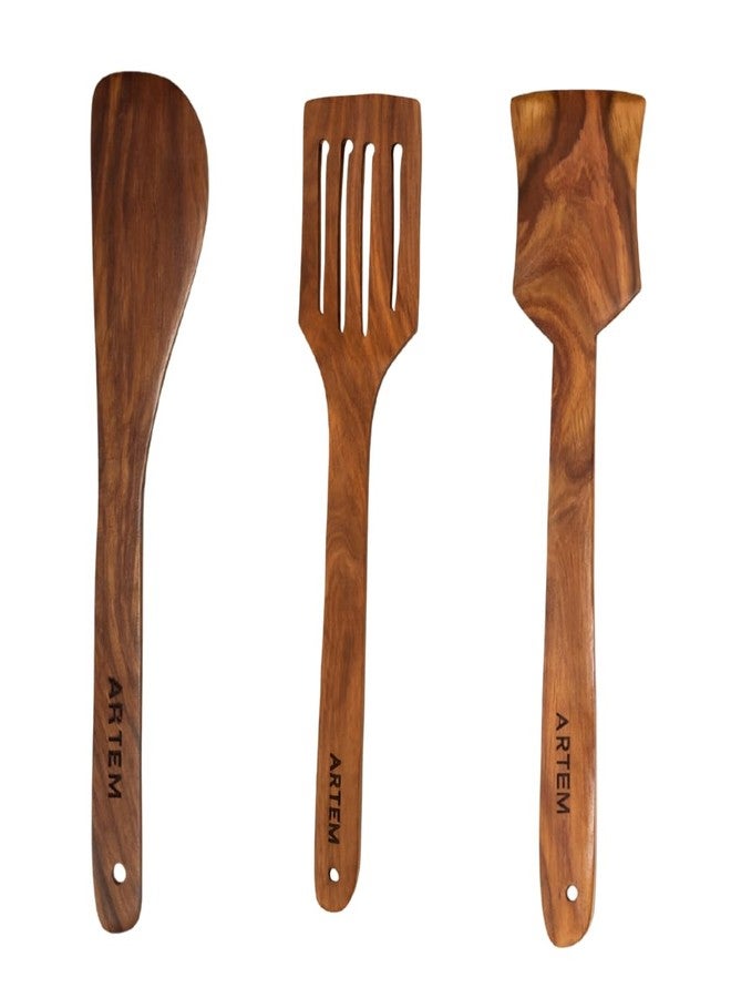 ARTEM Wooden Kitchen Utensils Handmade Cooking Spoon set | Natural Sheesham Wood Spatulas & Ladles | Non-Stick Safe, Eco-Friendly (3 Piece Set) - Image 1