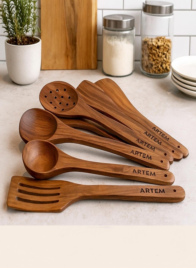 ARTEM Wooden Kitchen Utensils Handmade Cooking Spoon set | Natural Sheesham Wood Spatulas & Ladles | Non-Stick Safe, Eco-Friendly (3 Piece Set) - Image 4