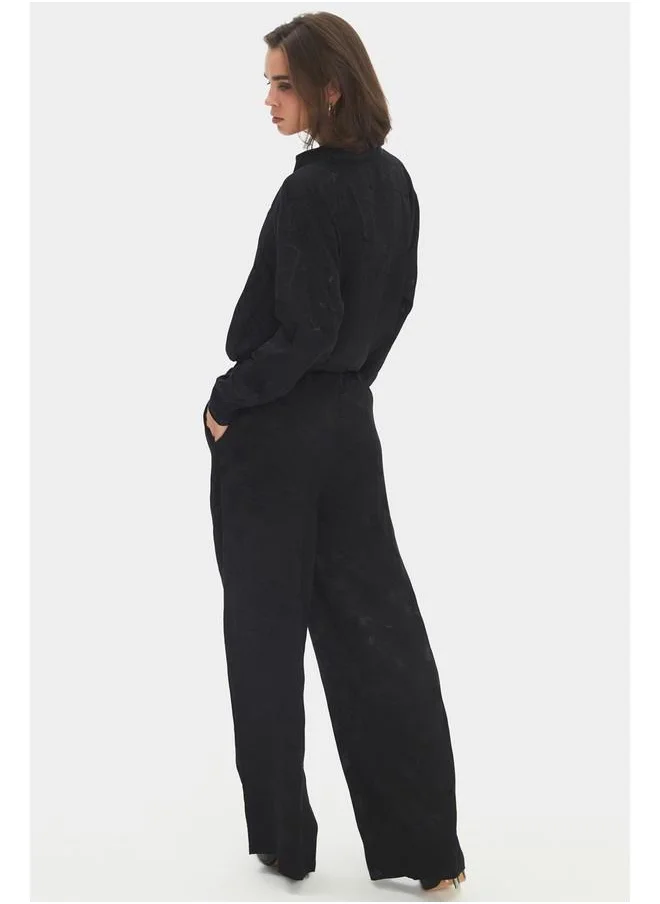 JUNE June Women Exclusive Viscose Blend Wide Leg Elastic Waist Patterned Trouser Black