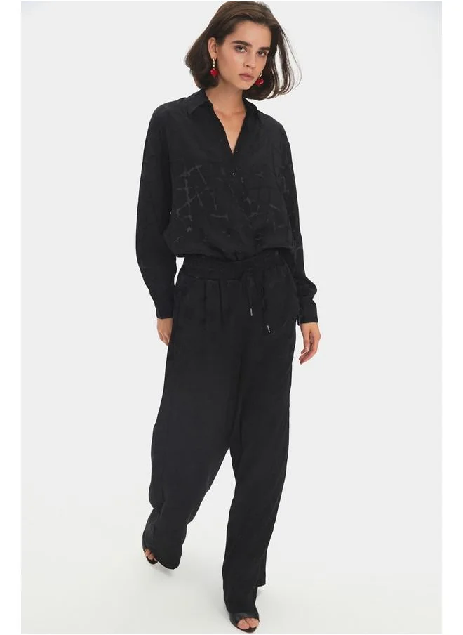 JUNE June Women Exclusive Viscose Blend Wide Leg Elastic Waist Patterned Trouser Black