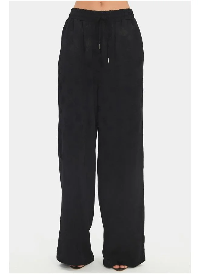 JUNE June Women Exclusive Viscose Blend Wide Leg Elastic Waist Patterned Trouser Black