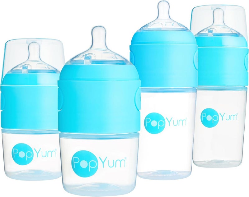PopYum Blue Formula Making Baby Bottle Starter Set, 4-Pack, 2X 5oz Bottles with #1 Slow Flow Nipples + 2X 9oz Bottles with #2 Medium Flow Nipples, Mixing, Dispenser