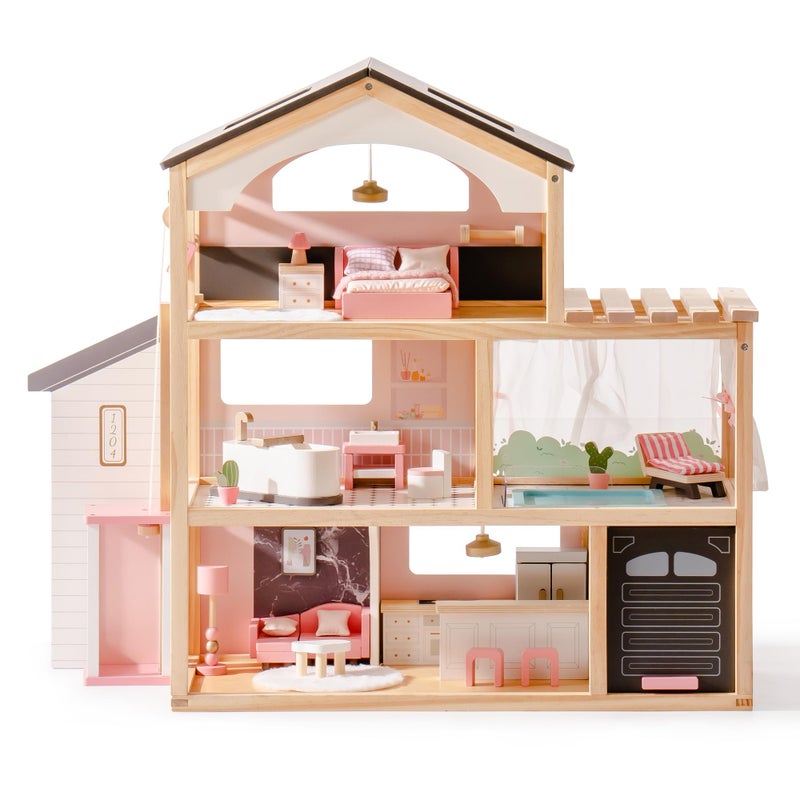 ROBOTIME Wooden Dollhouse, Doll House with 29 Pieces Furniture Set - Pool and Elevator, Wooden Doll House for 4, 5, 6-Inch Dolls, 6 Rooms Pink Dollhouse Gift for Kids Girls Ages 3+ (Black) - Image 1