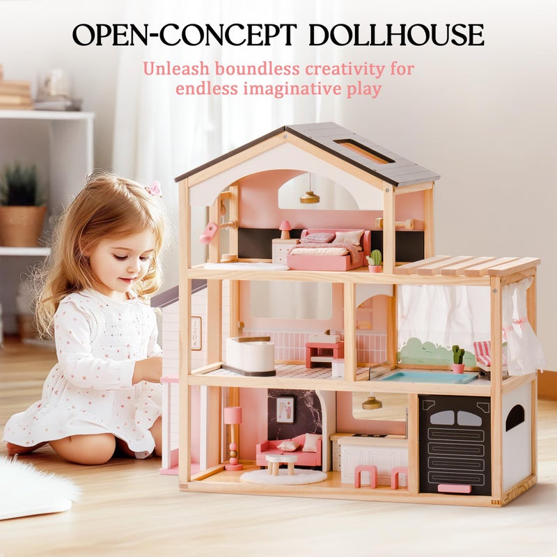 ROBOTIME Wooden Dollhouse, Doll House with 29 Pieces Furniture Set - Pool and Elevator, Wooden Doll House for 4, 5, 6-Inch Dolls, 6 Rooms Pink Dollhouse Gift for Kids Girls Ages 3+ (Black) - Image 5