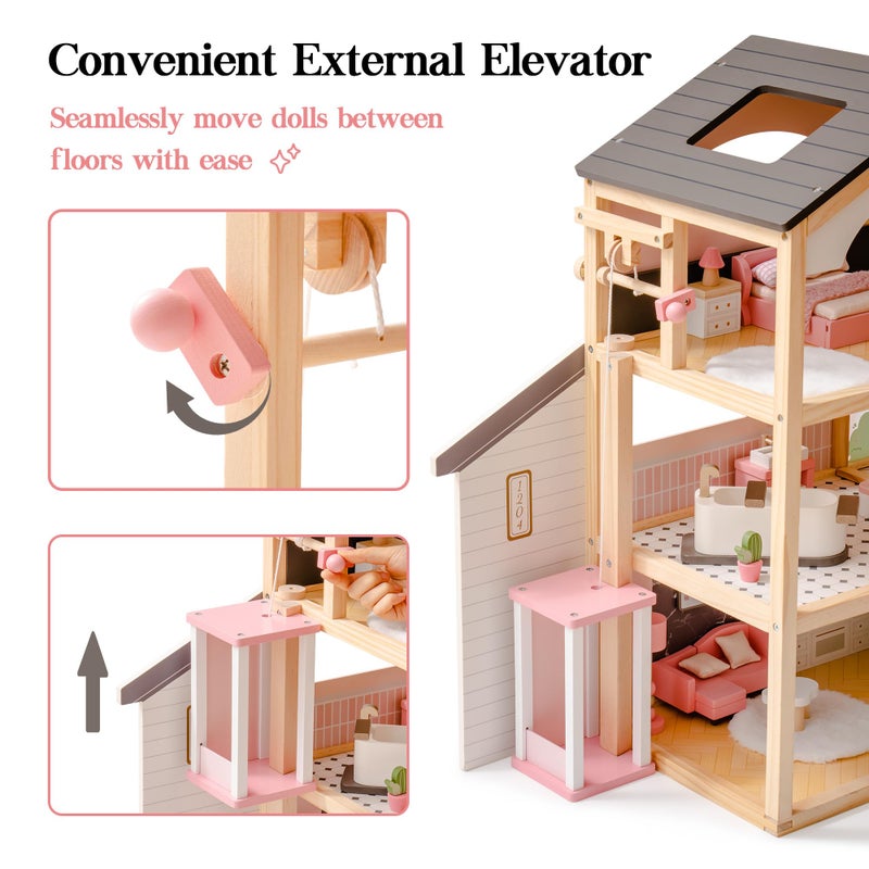 ROBOTIME Wooden Dollhouse, Doll House with 29 Pieces Furniture Set - Pool and Elevator, Wooden Doll House for 4, 5, 6-Inch Dolls, 6 Rooms Pink Dollhouse Gift for Kids Girls Ages 3+ (Black) - Image 3