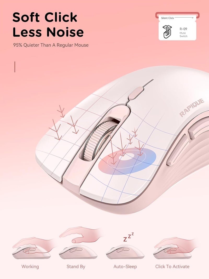 RAPIQUE Bluetooth Wireless Mouse - Dual Bluetooth & 2.4 GHz USB Receiver, Ergonomic Design, Quiet Clicks, Low Power - Multi-Device Compatibility for MacBook, Laptop, Computer, iPad Air/Pro (Pink) - Image 5