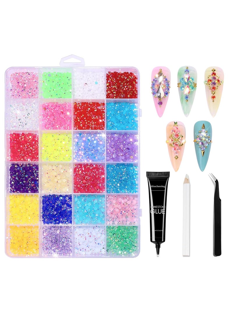 MAJOR DIJIT 24 Color Flatback Nail Gems Rhinestones for Nail Art and Crafts with Glue Tweezers and Picking Pen for Nail Art Design DIY Crafts Accessories (24 Color Set 02) 