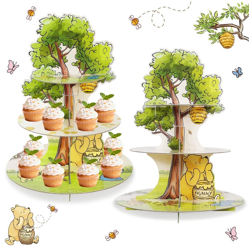 Heboland Winnie Cupcake Stand, 3-Tier Cardboard Cupcake Holder for Classic Winnie Bear Baby Shower Birthday Cupcake Decorations - Image 1