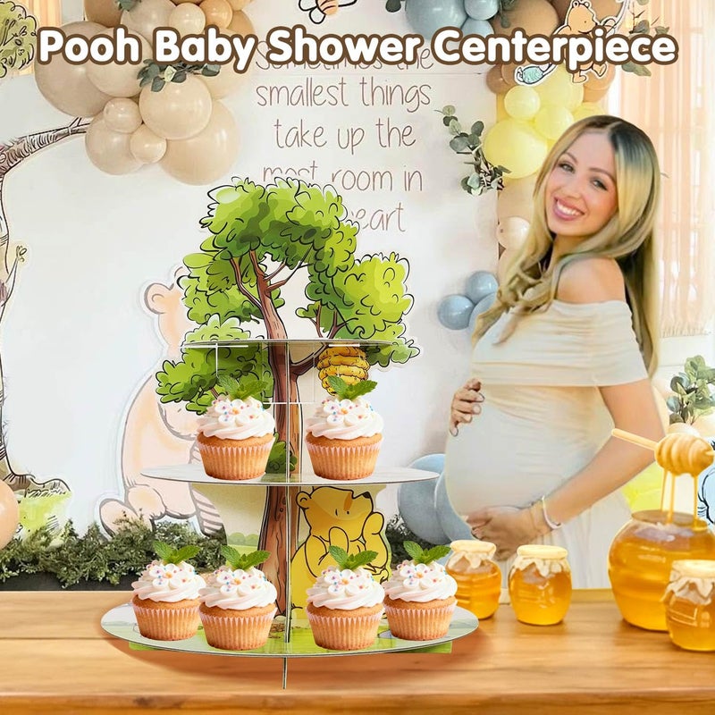 Heboland Winnie Cupcake Stand, 3-Tier Cardboard Cupcake Holder for Classic Winnie Bear Baby Shower Birthday Cupcake Decorations - Image 3