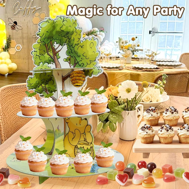 Heboland Winnie Cupcake Stand, 3-Tier Cardboard Cupcake Holder for Classic Winnie Bear Baby Shower Birthday Cupcake Decorations - Image 4