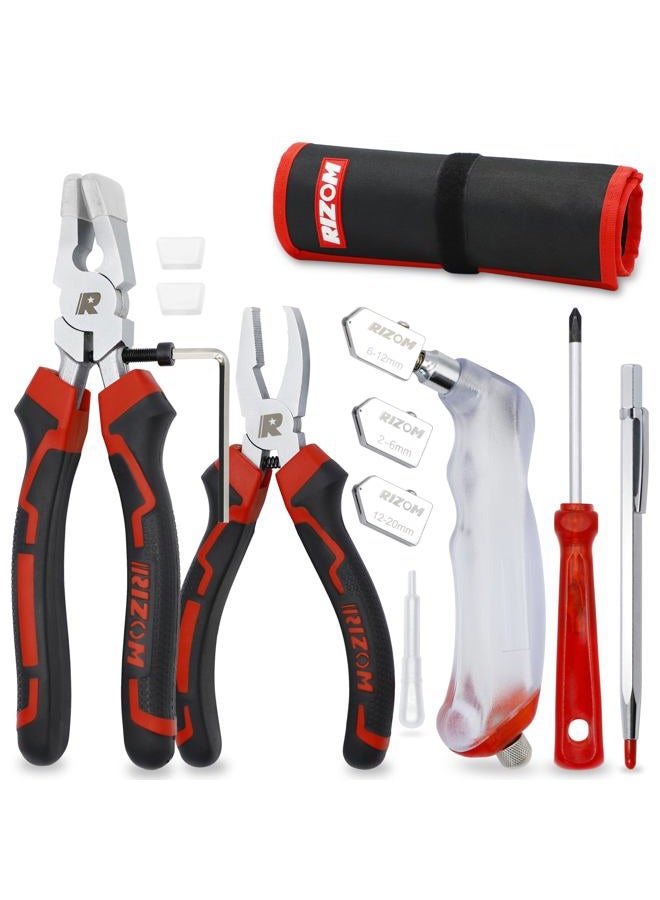 Rizom Glass Cutters Tools, Glass Cutter 2-20MM, 8" Glass Running Pliers with Curved Jaws, 6" Breaker Grozer Pliers, Glass Cutting Tool for Stained Glass, Tiles, Mosaic Cutting - Image 1