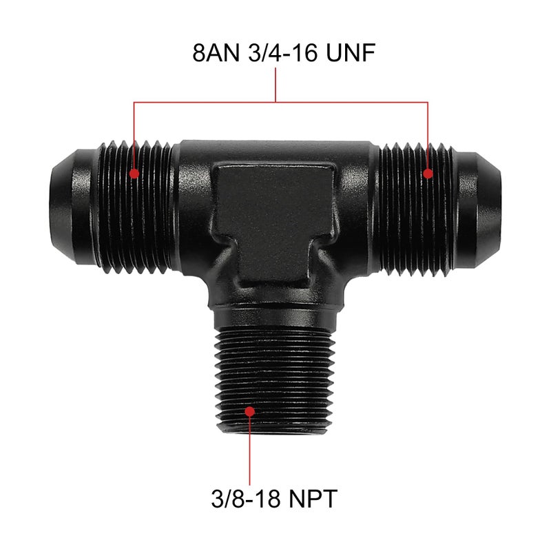 EVIL ENERGY 8AN Tee Male Flare to 38 NPT on Side Branch T Fitting Adapter Aluminum Black - Image 4