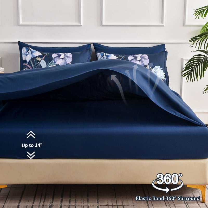 Luxudecor Floral Comforter Set Queen Size 7 Piece, Navy Flower Bed in a Bag, Elegant Floral Comforter with Sheet Set, Soft Microfiber Bedding Set for All Season (Navy, 90"x90") - Image 5