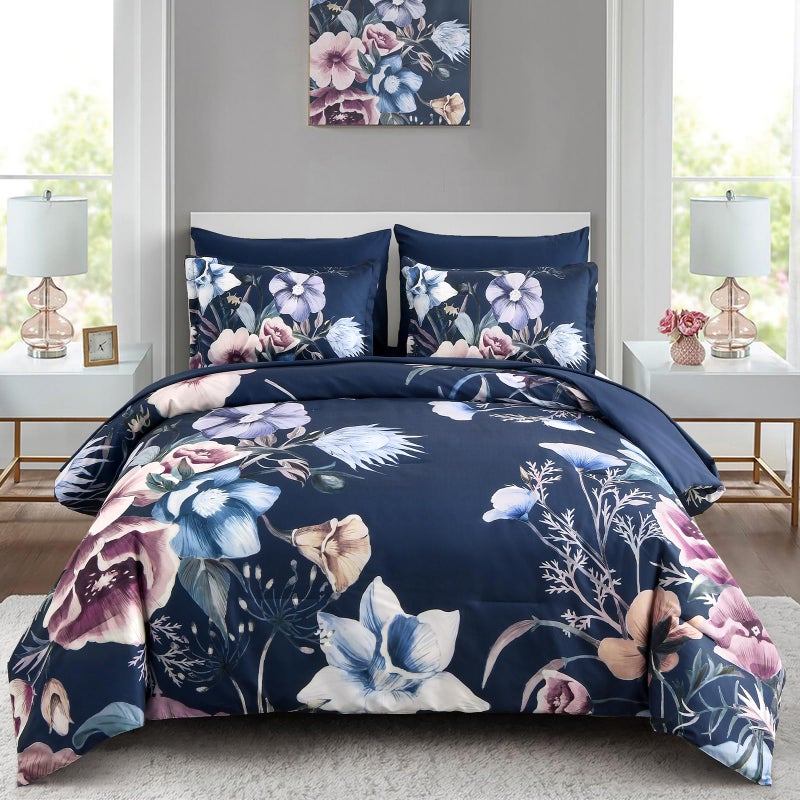 Luxudecor Floral Comforter Set Queen Size 7 Piece, Navy Flower Bed in a Bag, Elegant Floral Comforter with Sheet Set, Soft Microfiber Bedding Set for All Season (Navy, 90"x90") - Image 1