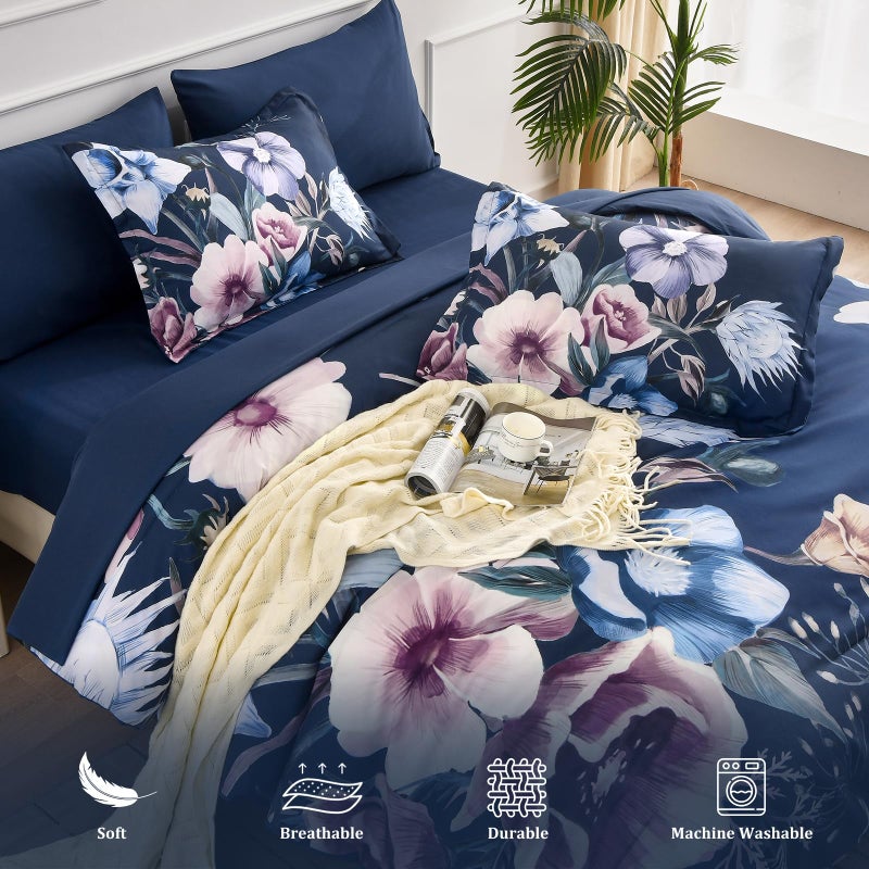 Luxudecor Floral Comforter Set Queen Size 7 Piece, Navy Flower Bed in a Bag, Elegant Floral Comforter with Sheet Set, Soft Microfiber Bedding Set for All Season (Navy, 90"x90") - Image 4