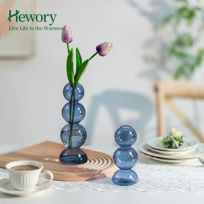 Hewory Glass Bubble Vases for Flowers  Hewory 2pcs Light Blue Unique Cute Single Flower Vase for Centerpieces  Funky Aesthetic Vase Skinny Bud Vase  Cool Groovy Decor for Living Room Bedroom Office Tabletop - Image 3