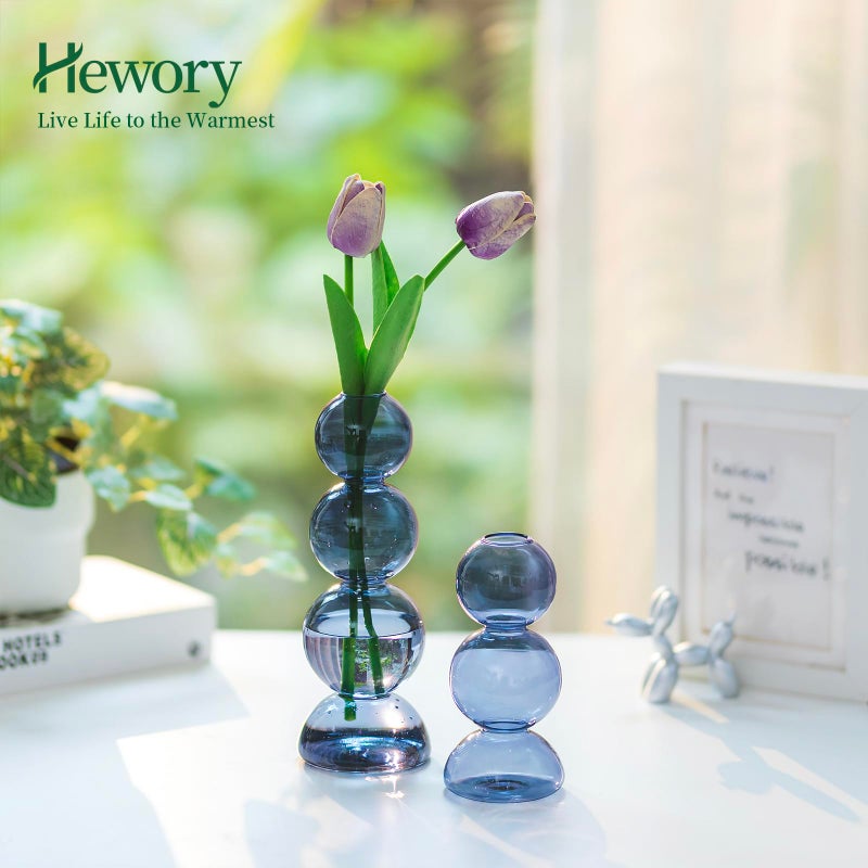Hewory Glass Bubble Vases for Flowers  Hewory 2pcs Light Blue Unique Cute Single Flower Vase for Centerpieces  Funky Aesthetic Vase Skinny Bud Vase  Cool Groovy Decor for Living Room Bedroom Office Tabletop - Image 2