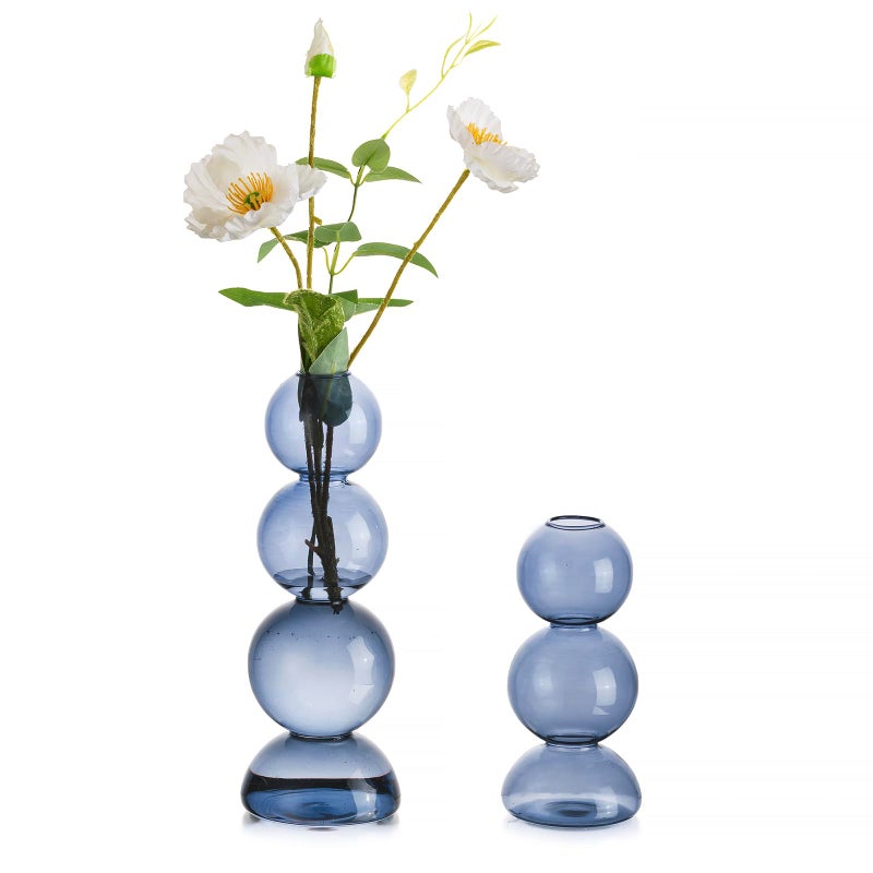 Hewory Glass Bubble Vases for Flowers  Hewory 2pcs Light Blue Unique Cute Single Flower Vase for Centerpieces  Funky Aesthetic Vase Skinny Bud Vase  Cool Groovy Decor for Living Room Bedroom Office Tabletop - Image 1
