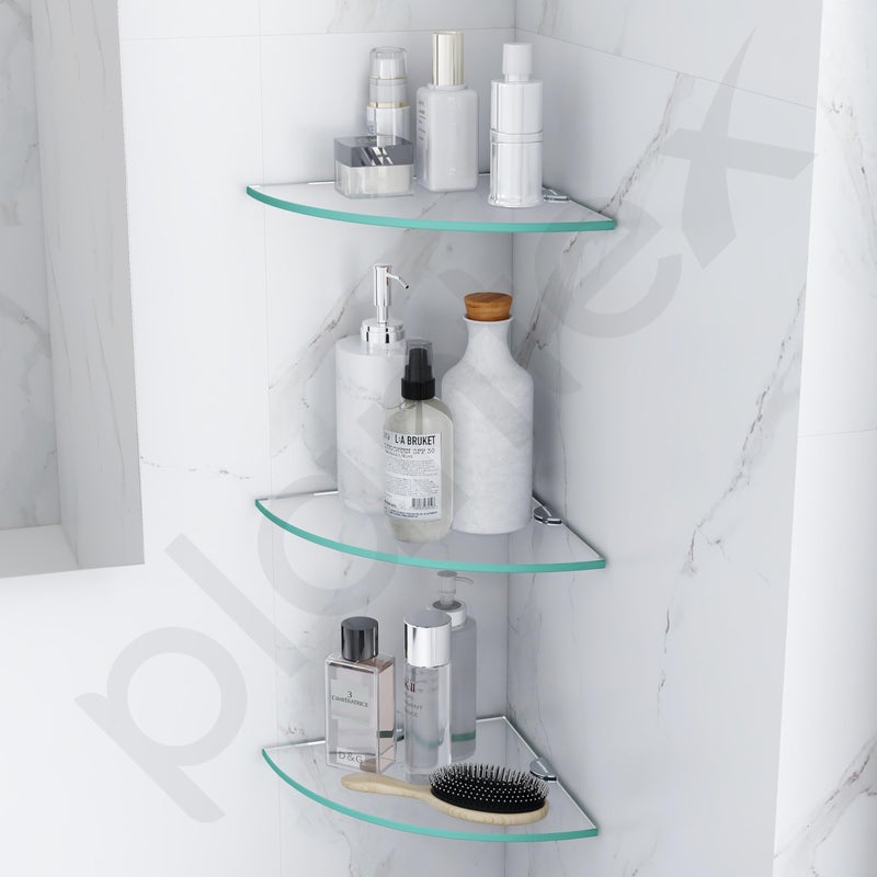 Plantex Transparent Glass Corner Shelves for Bathroom/Kitchen/Living Room Wall Mounted Shelves - Premium Bathroom Organizer (9x9 inches - Pack of 3) - Image 3