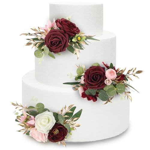 Rinlong Premade 3Pcs Cake Toppers Burgundy Flowers Cake Decorations Wedding Cake Decorating Flowers Decor Birthday Baby Shower Party Christening Christmas Cake Toppers - Image 1
