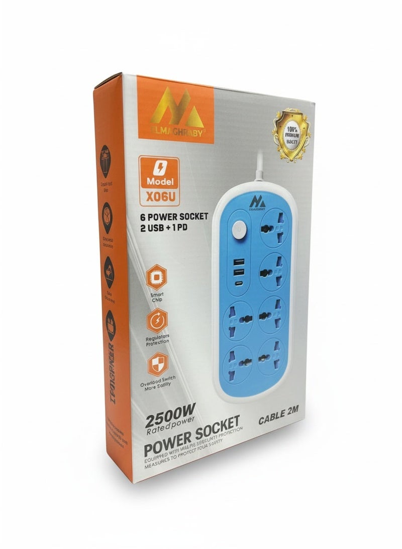 ELMAGHRABY X06U Power Strip 2500W, Premium Quality Extension Socket with 6 Universal Outlets, 2 USB + 1 Type-C Ports Support PD ,  Overload Protection Switch, 2M, 850°C Anti Flaming, Multi Safety Power Socket for Home & Office Use - Image 2