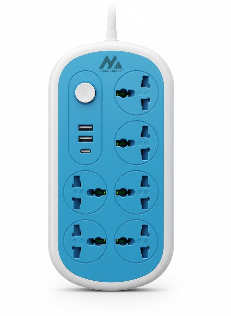 ELMAGHRABY X06U Power Strip 2500W, Premium Quality Extension Socket with 6 Universal Outlets, 2 USB + 1 Type-C Ports Support PD ,  Overload Protection Switch, 2M, 850°C Anti Flaming, Multi Safety Power Socket for Home & Office Use - Image 1