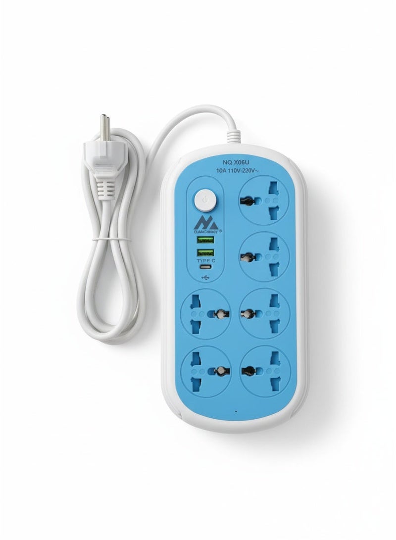 ELMAGHRABY X06U Power Strip 2500W, Premium Quality Extension Socket with 6 Universal Outlets, 2 USB + 1 Type-C Ports Support PD ,  Overload Protection Switch, 2M, 850°C Anti Flaming, Multi Safety Power Socket for Home & Office Use - Image 3
