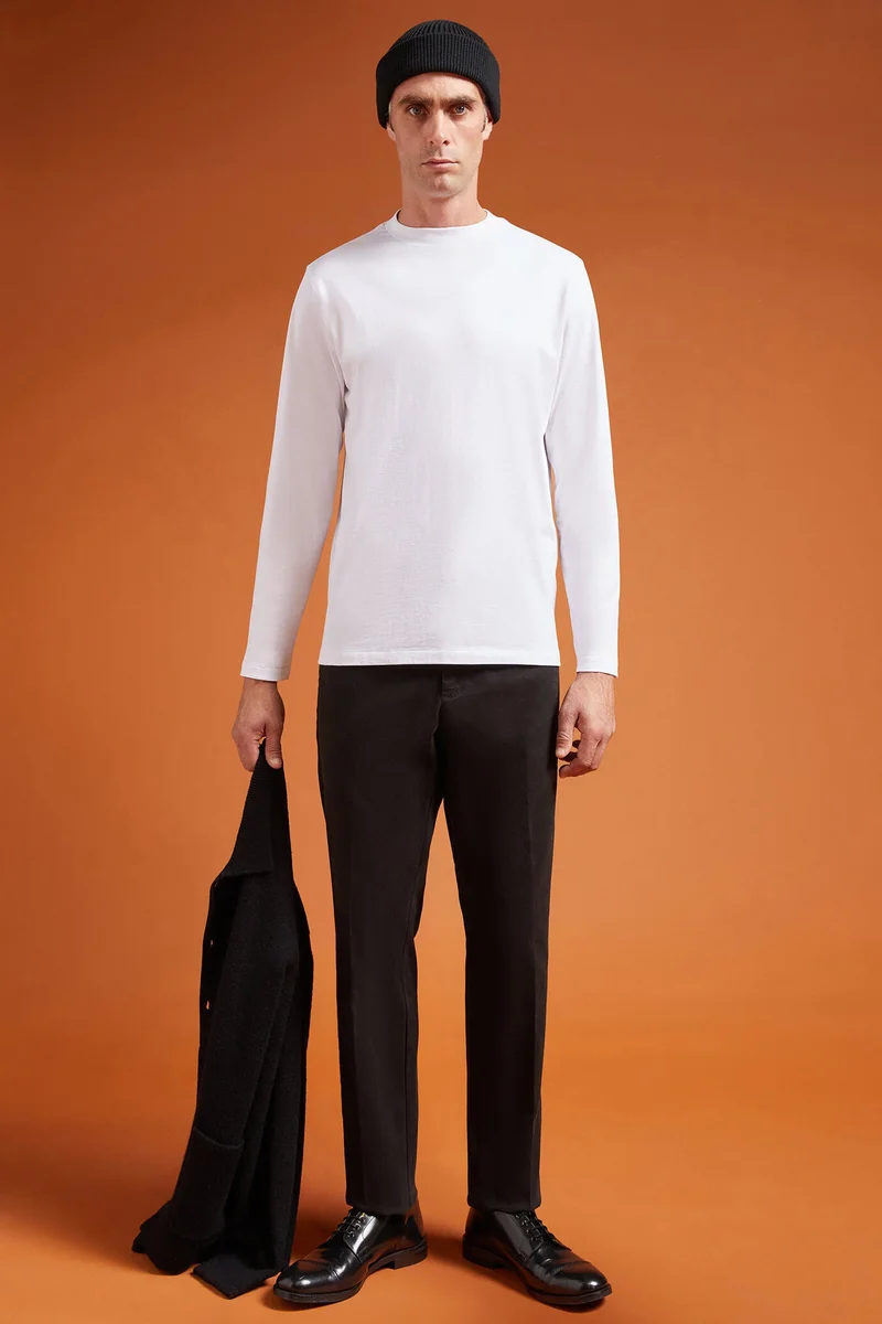 دوبل غانغر Men's regular fit long-sleeved crew neck T-shirt in 100% cotton - White