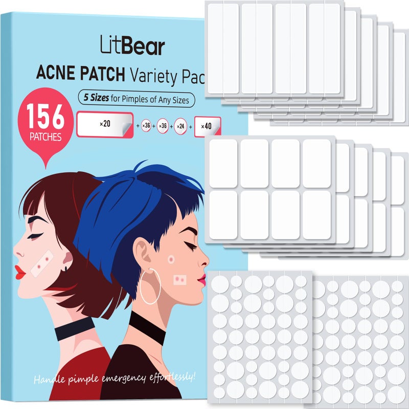 LitBear Large Pimple Patches, 5 Sizes 156 Patches Big Acne Patch, 60 XL Hydrocolloid Patch for Full Face, Forehead, Chin, Nose, Body, Back, Neck & Chest, Stirp, Square Large Hydrocolloid Bandages - Image 1