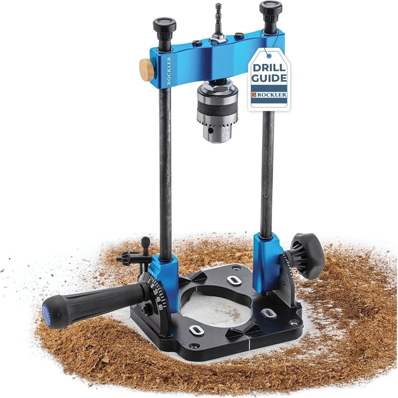 ROCKLER دليل حفر روكلر مع مفتاح الفكين - ملحقات مكبس الحفر بالحجم الكامل للمحلات الصغيرة - دليل حفر بزاوية من 0° إلى 60° مع مقياس بروتراكتور سهل القراءة - دليل حفر محمول ذاتي التمركز - Image 1
