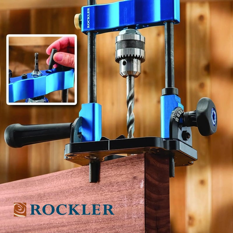 ROCKLER دليل حفر روكلر مع مفتاح الفكين - ملحقات مكبس الحفر بالحجم الكامل للمحلات الصغيرة - دليل حفر بزاوية من 0° إلى 60° مع مقياس بروتراكتور سهل القراءة - دليل حفر محمول ذاتي التمركز - Image 3