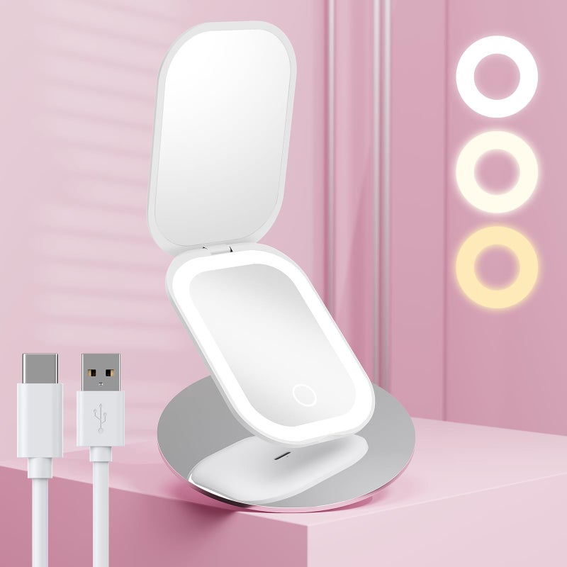 Benbilry Lighted Compact Travel Mirror with 3 Color Lights, 1X/3X Magnifying Ultra Slim Rechargeable Pocket Mirror for Purse, 2-Sided, Handheld, Folding, Portable, White - Image 1