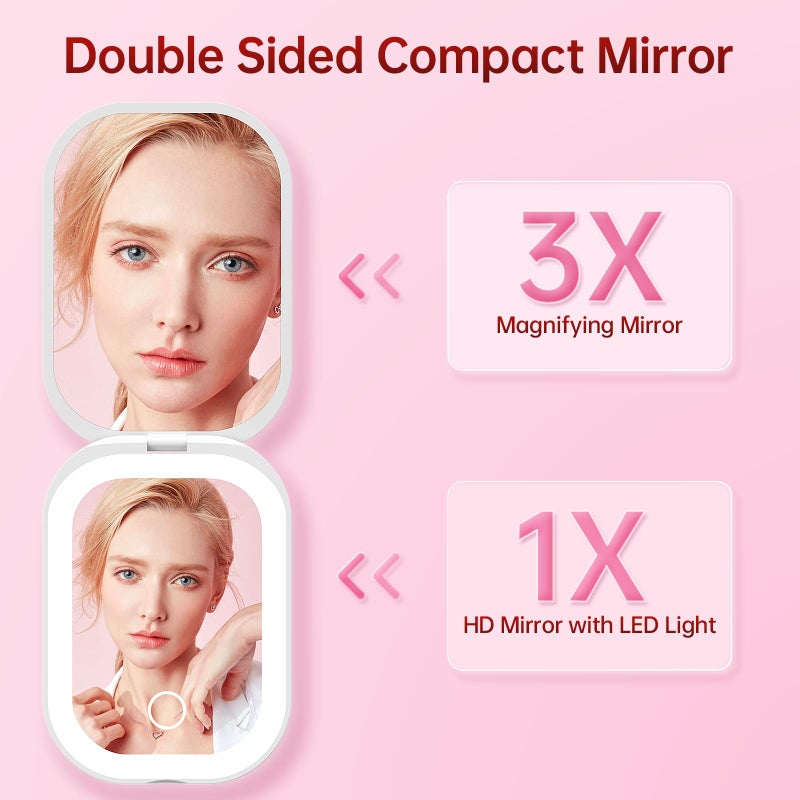 Benbilry Lighted Compact Travel Mirror with 3 Color Lights, 1X/3X Magnifying Ultra Slim Rechargeable Pocket Mirror for Purse, 2-Sided, Handheld, Folding, Portable, White - Image 5