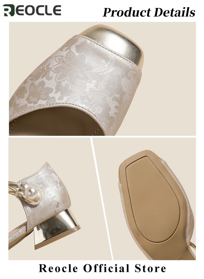 REOCLE Women's Summer Silk Sandals Thick Heels Color-blocking Sandals with Pearl Shoe Buckle and Printed  - Image 4