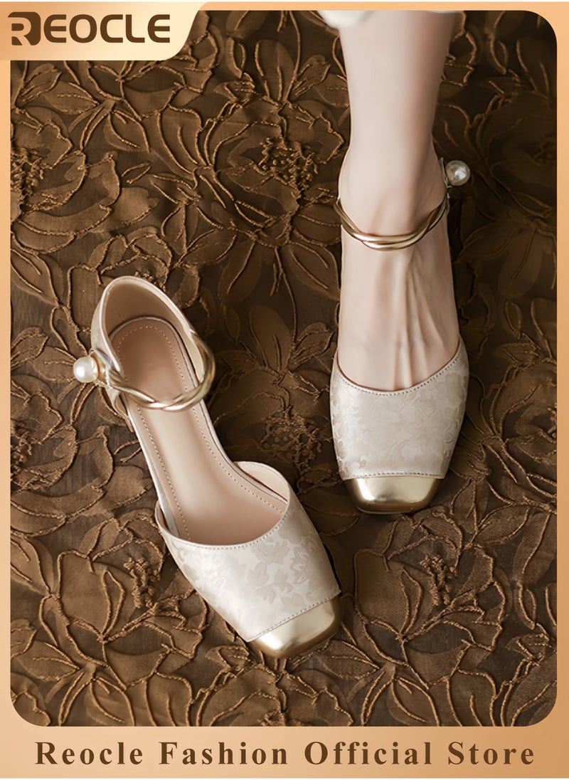 REOCLE Women's Summer Silk Sandals Thick Heels Color-blocking Sandals with Pearl Shoe Buckle and Printed  - Image 2