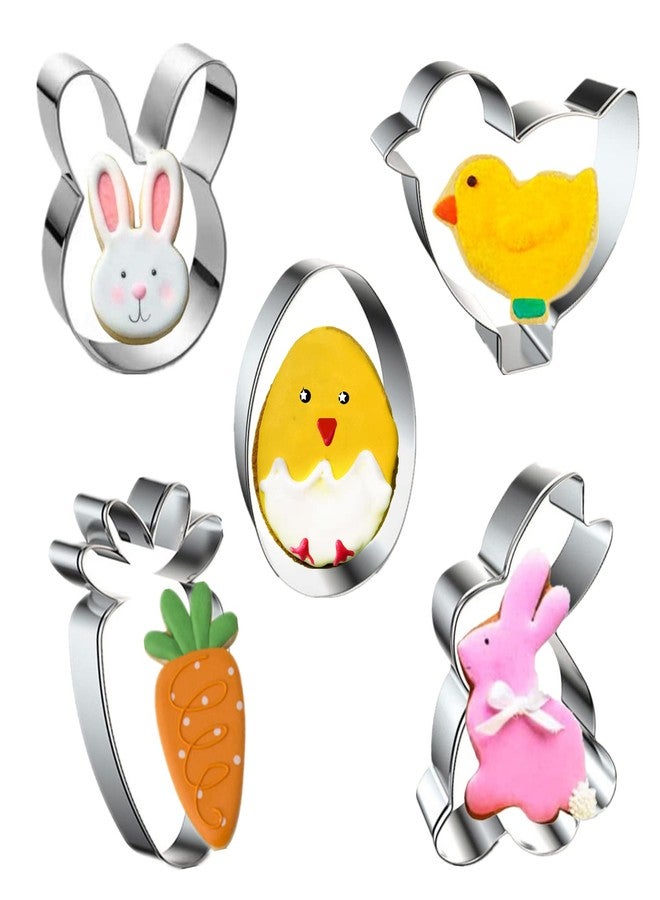 Q-BAKER Easter Cookie Cutters, 5 Pieces Chick Carrot Egg Bunny Rabbite Shapes Metal Cookie Cutters Stainless Steel Sets Holiday Themed Baking Kit - Image 1