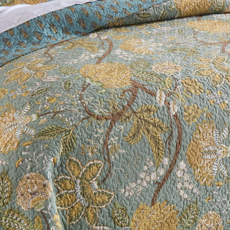 ENASAL Cotton Bedspread Quilt Sets Reversible Bedding Coverlet Sets Comforter, Vintage Floral Farmhouse Pastoral Turquoise Bedspread, King Size - Image 3